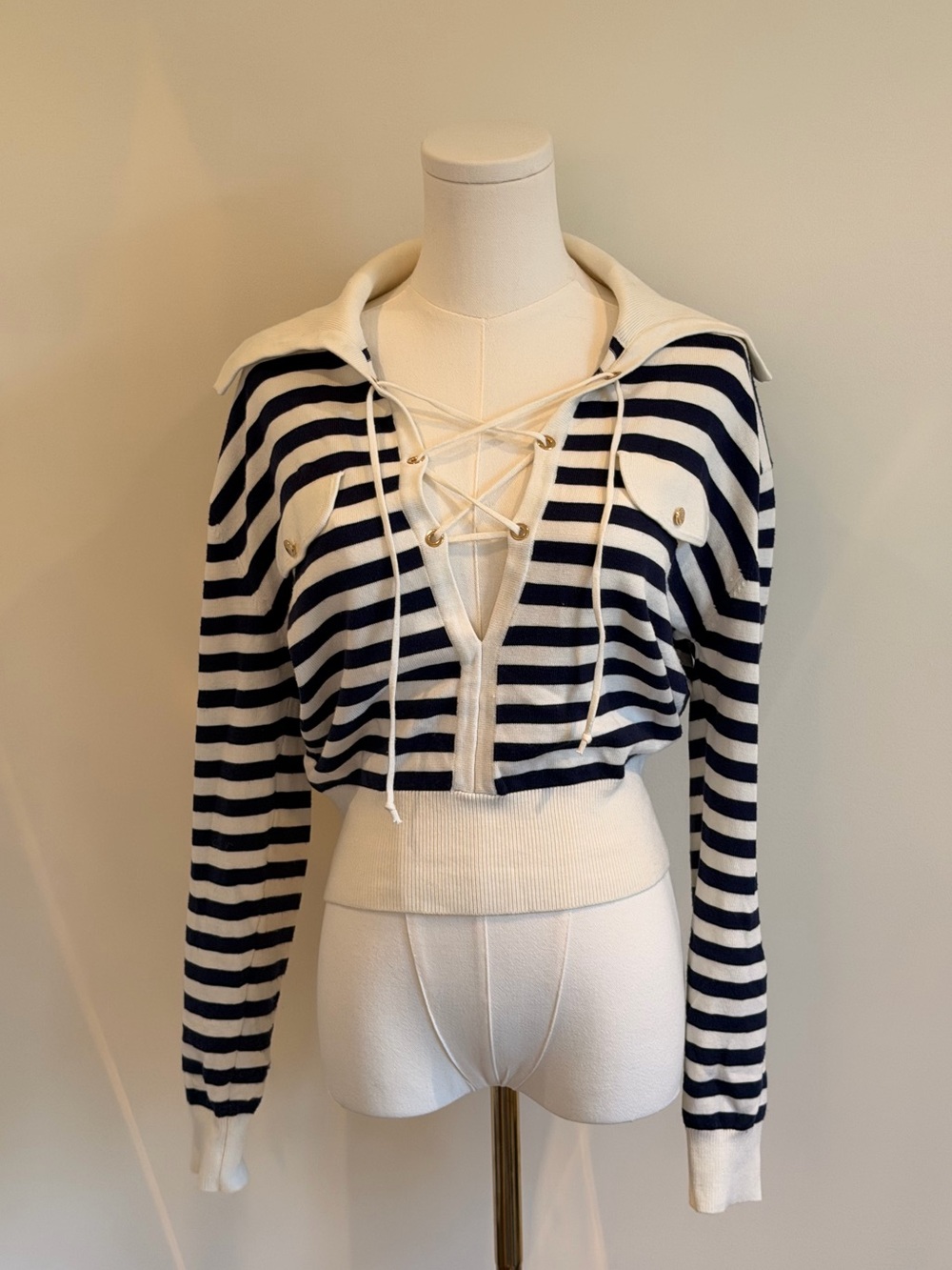 Seroya Striped Lace-Up Cropped Sweater Top - Navy/White